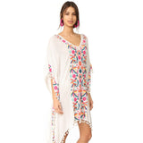 Women Dresses Embroidered Flower and Bird V-neck Vacation Style Dress