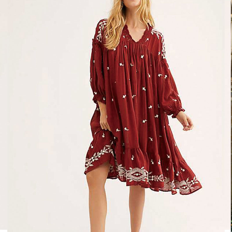 Bohemian Fashion V-neck Floral Embroidered Lantern Sleeve Loose Dress