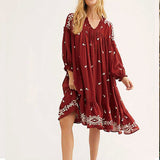 Bohemian Fashion V-neck Floral Embroidered Lantern Sleeve Loose Dress