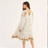 Bohemian Fashion V-neck Floral Embroidered Lantern Sleeve Loose Dress