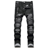 J Shaped Jeans New Men's Jeans Slim Straight Pleated Zipper Motorcycle Snowflake Holes, Blue