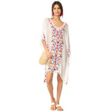 Women Dresses Embroidered Flower and Bird V-neck Vacation Style Dress