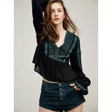 Women Dresses V-neck Embroidered Floral Flared Shirt