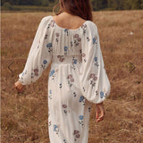 Women Dresses Lantern Sleeve Embroidery Little Flower Split Maxi Dress