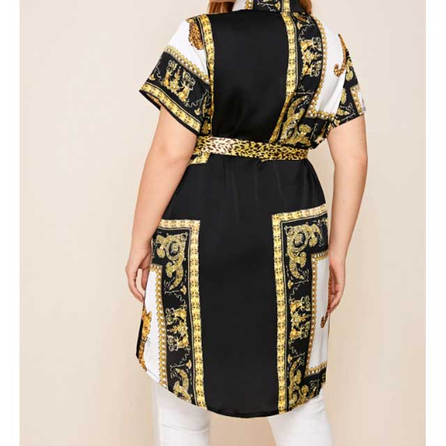 Women Plus Size Mini Dresses Short Sleeve Printed Breasted Shirt Dress