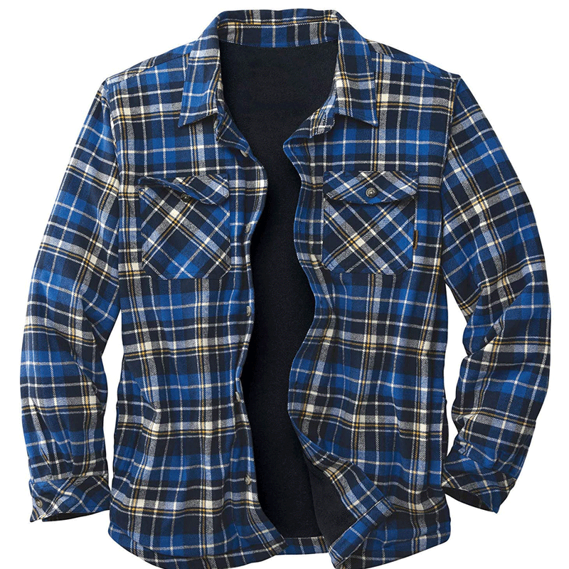 Men Flannel Jacket Autumn and Winter Thickened Cotton-Padded Coat Plaid Long Sleeve Turn-down Collar Coat