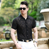 Transparent Shirt for Men Short Sleeve Shirt Embroidered Hollow Flower Shirt