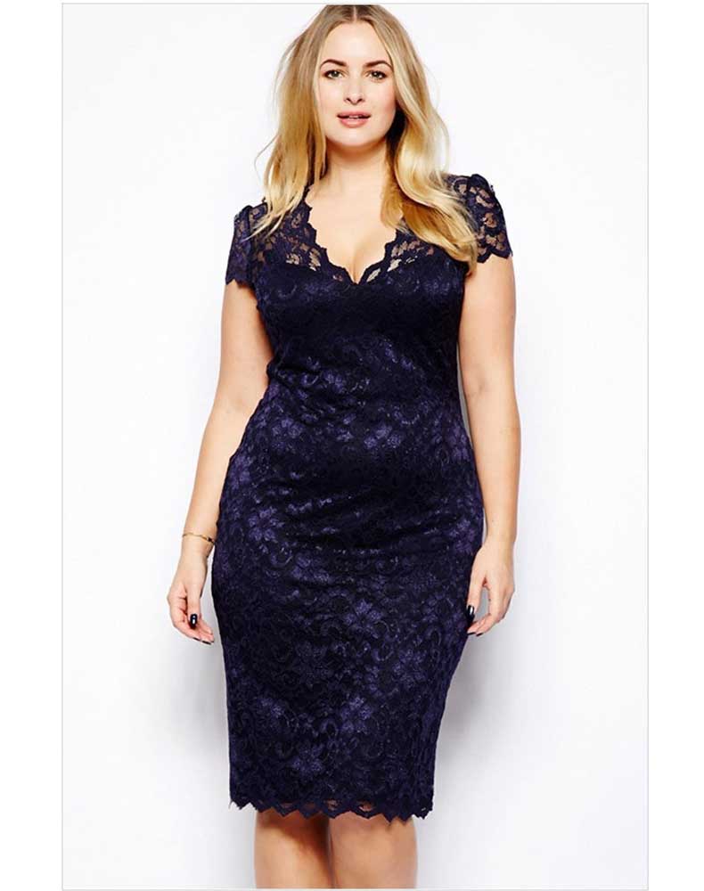 Women Plus Size Midi Dresses Spring/Summer Hollow Out Short Sleeve Sexy V-neck Lace Dress