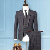 Seersucker Suit Suit Men's Jacket Youth Suit Slim Fit Business Plaid Three-Piece Suit