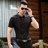 Transparent Shirt for Men Men's Short Sleeve Printed Shirt Printed Hollow Slim Shirt