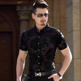 Transparent Shirt for Men Men's Short-Sleeve Shirt Hollow-out Half-Sleeved Big Flower Shirt