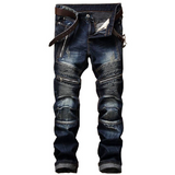 J Shaped Jeans New Men's Jeans Slim Straight Zip Pleated Trousers