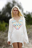 Women Dresses Embroidered V-neck Bohemian Holiday Flowers Shirt Dress