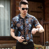 Transparent Shirt for Men Men's Short-Sleeved Shirt Slim Hollow out Embroider Jacket