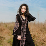 Spring and Summer Long Sleeve V-neck Embroidered Dress