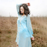 Spring and Summer Long Sleeve V-neck Embroidered Dress