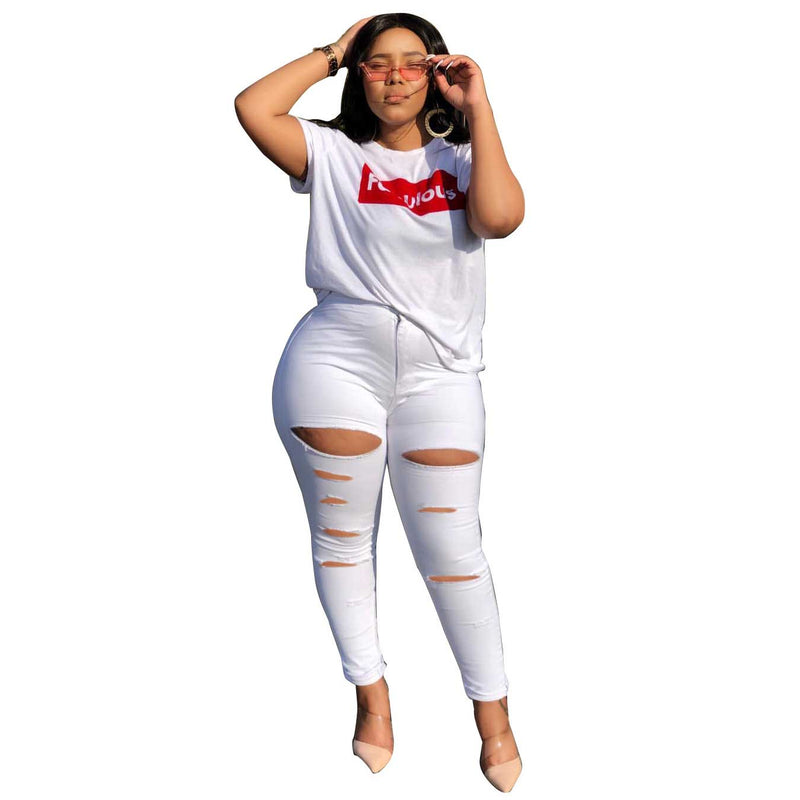 Women Plus Size Jeans Slim Ripped Denim Skinny Pants