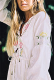 Women Dresses Bohemian Embroidered Flower Drawstring Waist Solid Color Vacation Style Dress