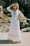 Women Dresses Bohemian Embroidered Flower Drawstring Waist Solid Color Vacation Style Dress