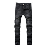 J Shaped Jeans New Men 'S Jeans Motorcycle Slim Straight Knee Ripped Stretch