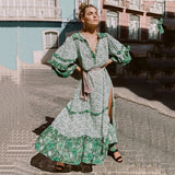 Beth Dutton Bohemian Dress Winter Autumn Midi Dresses Floral Print Slit Lantern Sleeve Long Large Hem Dress Beach Dress
