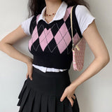 Preppy Aesthetic Outfits Spring Vintage Hit Color Diamond Lattice Knitted Waistcoat for Women V-neck Pullover Sweater
