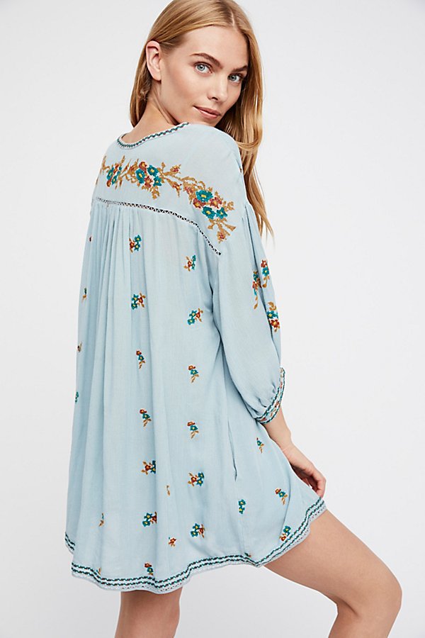 Embroidered Flower V-neck Three-Quarter Sleeve Shirt Loose Dress