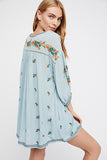 Embroidered Flower V-neck Three-Quarter Sleeve Shirt Loose Dress