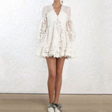 Women Dresses Spring/Summer Embroidered Flower Puff Sleeve V-neck Vacation Hollow-Out Lace Skirt