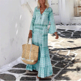Beth Dutton Bohemian Dress Winter Autumn Midi Dresses Flared Sleeve Geometric Printed Maxi Dress