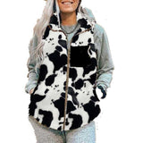 Women Dalmatian Coat Winter Cows Pattern Stand Collar Vest Plush Loose Casual