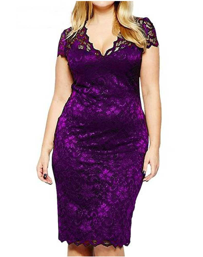 Women Plus Size Midi Dresses Spring/Summer Hollow Out Short Sleeve Sexy V-neck Lace Dress