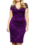 Women Plus Size Midi Dresses Spring/Summer Hollow Out Short Sleeve Sexy V-neck Lace Dress