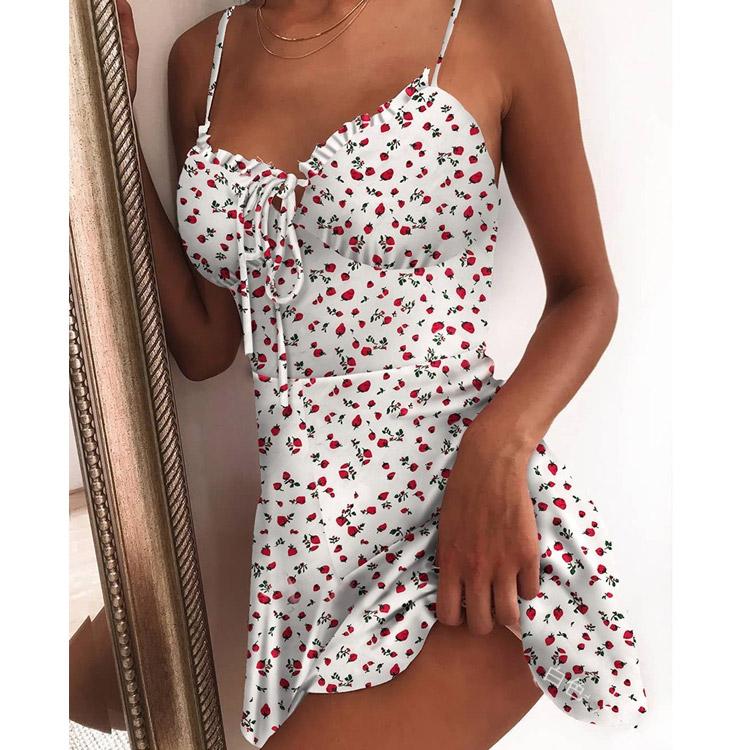 Strawberry Print Adjustable Strap Dress Cottagecore Dress