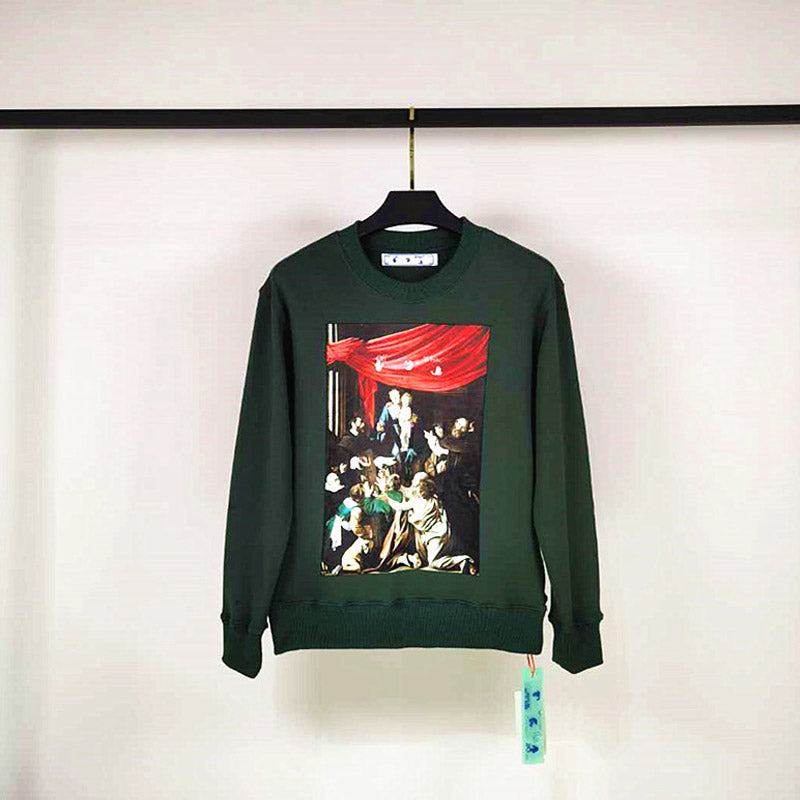 Off White Sweatshirts Long Sleeve round Neck Sweater Character Oil Painting Graphic Print Crew Neck Pullover Short Sleeve