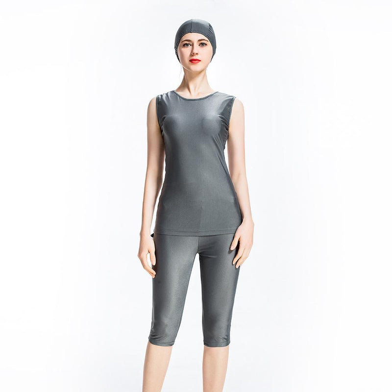 Burkini Muslim Swimwear Solid Color Vest Pants with Hat Three-Piece Set