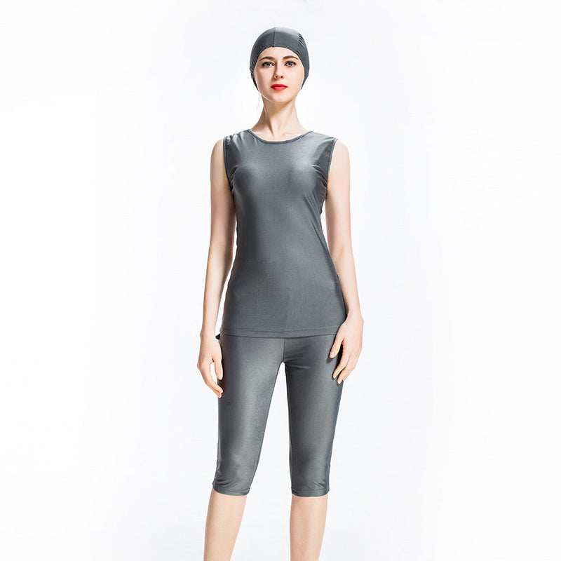 Burkini Muslim Swimwear Solid Color Vest Pants with Hat Three-Piece Set