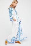 Women Dress Floral Hollow V-neck Loose Wide Sleeve Dress Long Dress