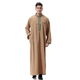 Mens Thobes Muslim Men's Applique Stand Collar Robe