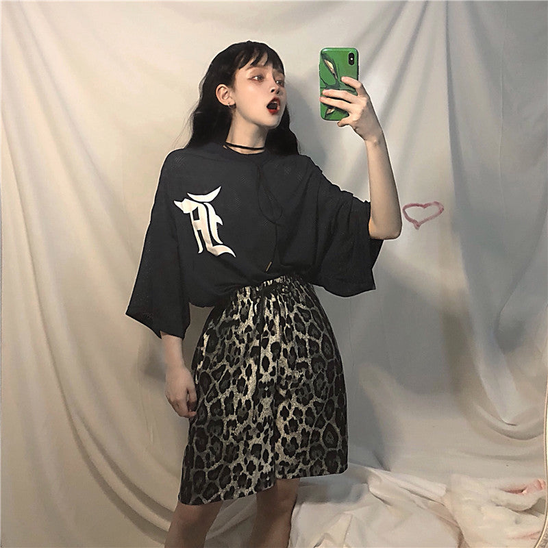 Gothic Lolita Harajuku Style Clothing BF Style Loose Printed Mesh Cloth T-shirt Leopard Print Shorts