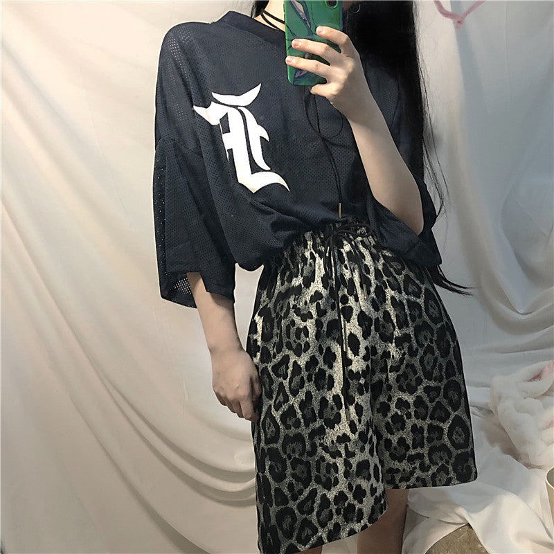 Gothic Lolita Harajuku Style Clothing BF Style Loose Printed Mesh Cloth T-shirt Leopard Print Shorts