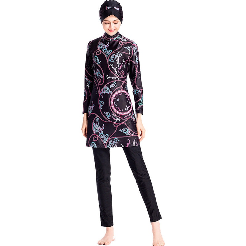 Burkini Muslim Swimwear Printed Three-Piece Set Swimsuit Conservative Beach Swimsuit