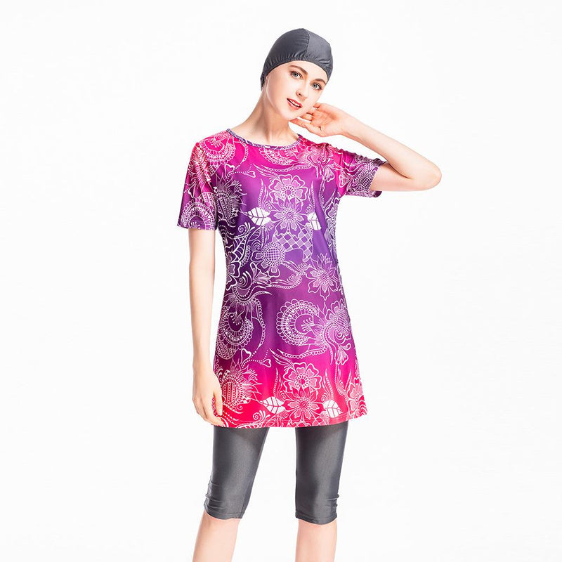Burkini Muslim Swimwear Printed Short-Sleeved Swimsuit Conservative Cropped Swimsuit
