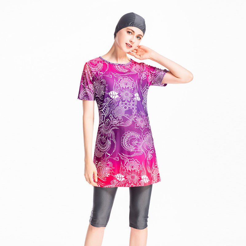 Burkini Muslim Swimwear Printed Short-Sleeved Swimsuit Conservative Cropped Swimsuit