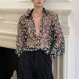 Transparent Shirt for Men Sheer Top Slim-Fit Long-Sleeved Lace Shirt