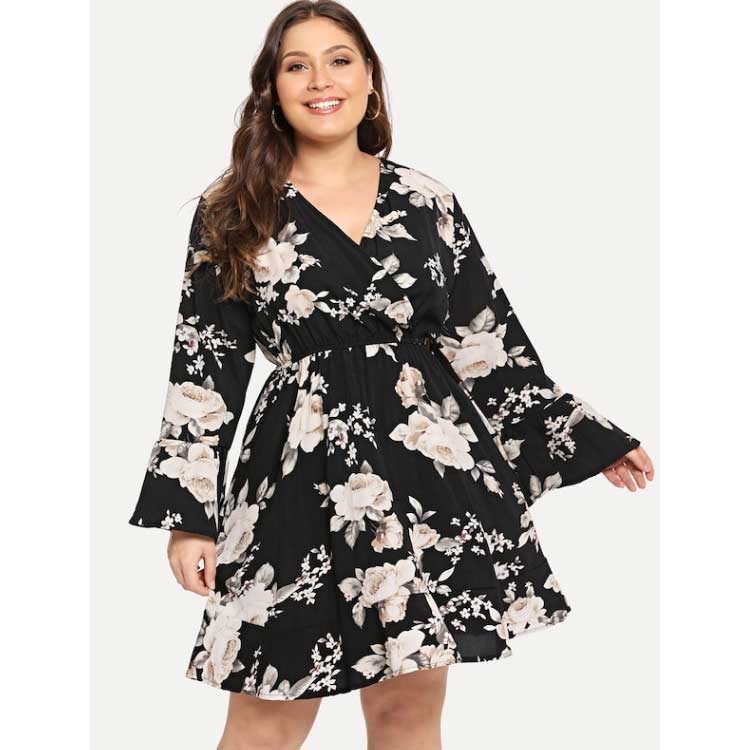 Women Plus Size Mini Dresses Elastic Waistband Slimming Chiffon Dress