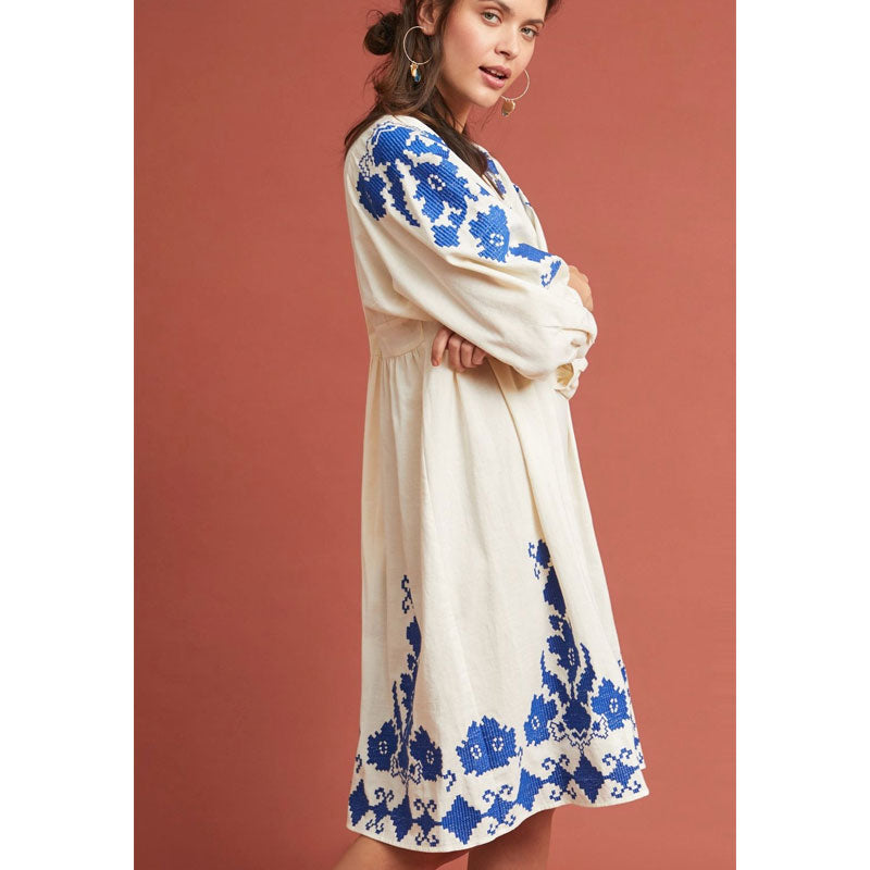 Women Dresses V-neck Embroidered Flower Lantern Sleeve Fashion Dress