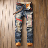 J Shaped Jeans New Men's Jeans Retro Large Hole Patch Straight Thickening plus Velvet
