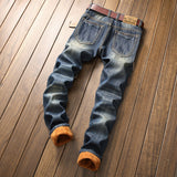 J Shaped Jeans New Men's Jeans Retro Large Hole Patch Straight Thickening plus Velvet