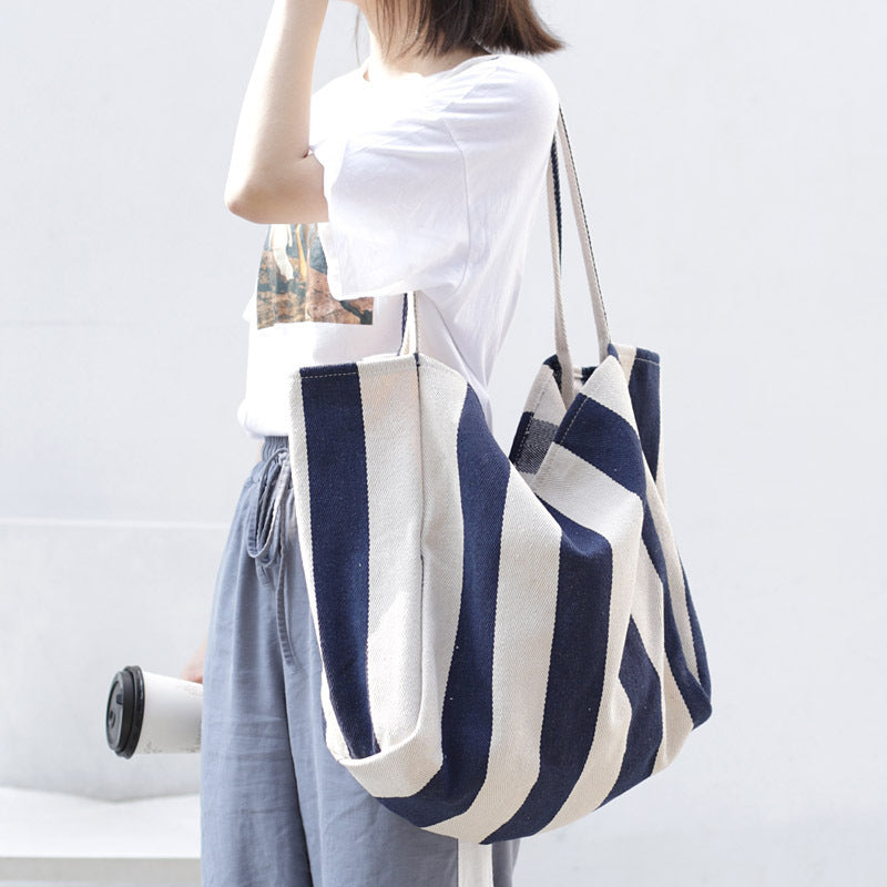 The Teacher Tote Vintage Handbag Simple and Fresh Striped Canvas Bag Fashion Large Capacity Women's Shoulder Bag